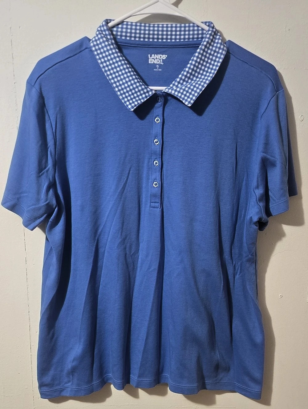 Lands' End Gingham Collar Polo in Blue & White Size XL Like New